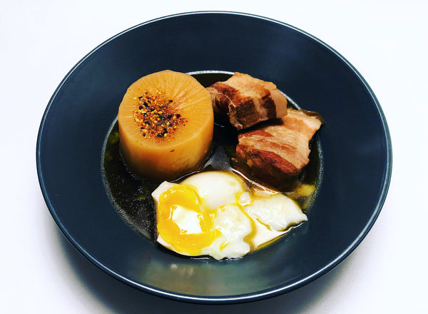 braised pork belly and daikon radish with a soft egg