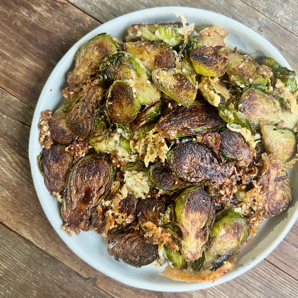 Crispy Caramelized Brussels Sprouts with Manchego Cheese