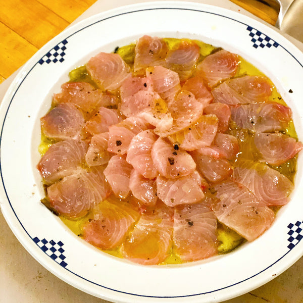 hamachi crudo over charred eggplant