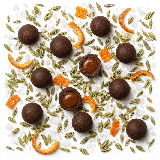 Chocolates with orange peels and fennel seeds on a white background