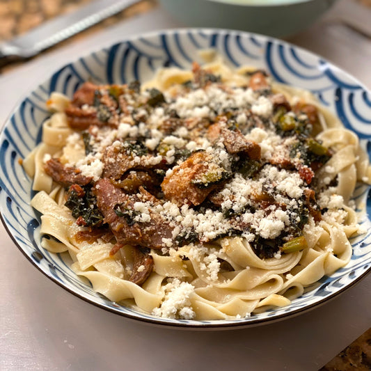 pork & kale ragu over fettuccine