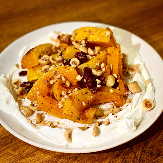 roasted butternut squash over labne