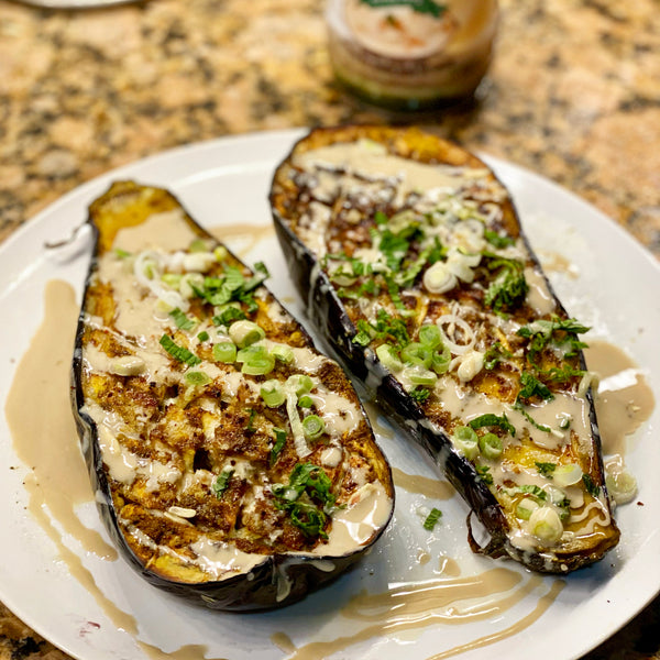 hawayej roasted eggplant with tahini