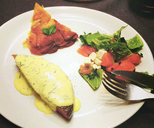 sauce béarnaise, ribeye cap, pommes anna, and watermelon feta salad