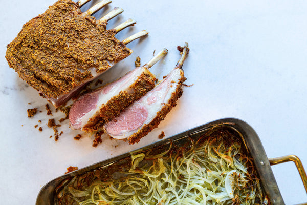 spice crusted lamb rack with caramelized onions