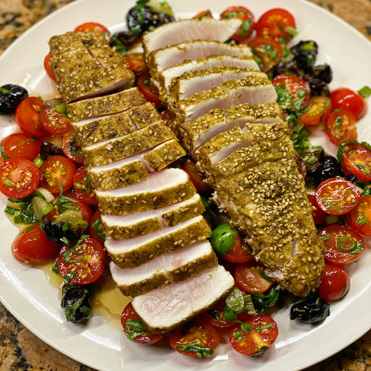 Za'atar Seared Hamachi over Tomato and Olive Salad