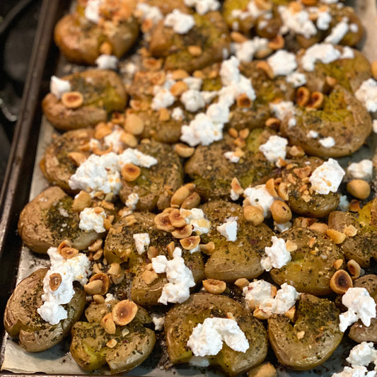 Smashed Potatoes with Feta and Hazelnut