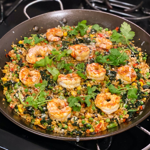 cauliflower rice paella with shrimp