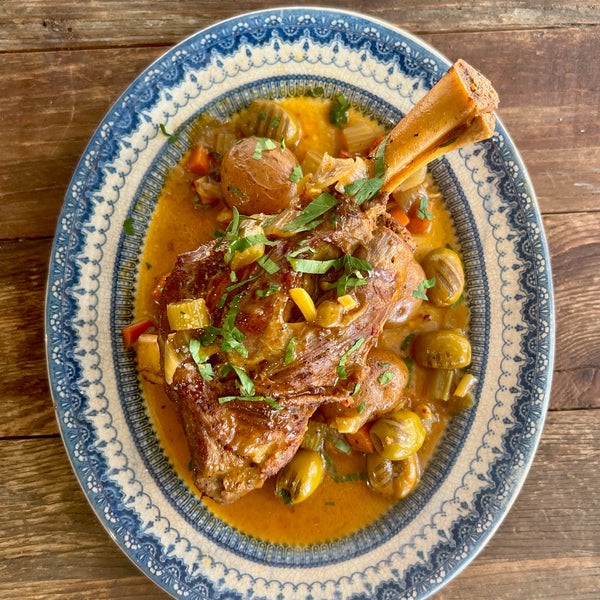 Braised Lamb Shank with Olives and Potatoes
