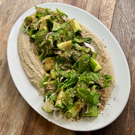 cucumber mint salad with fava and hazelnut hummus