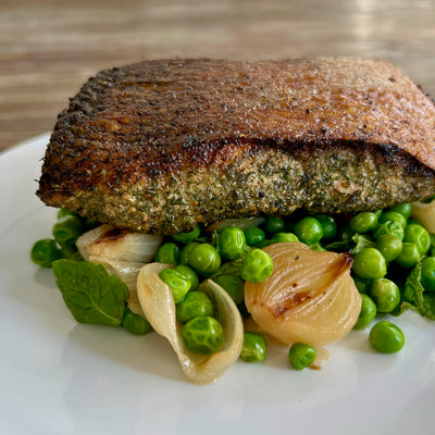 crispy skin salmon with peas and mint