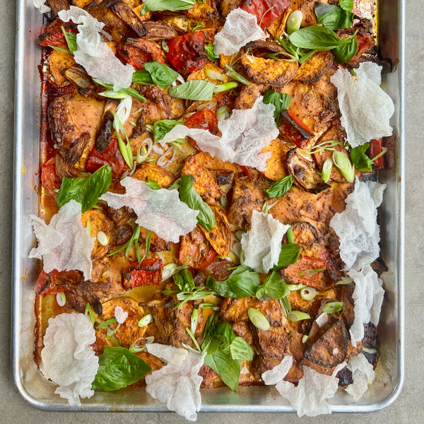 marinated sheet tray chicken with sweet potato 