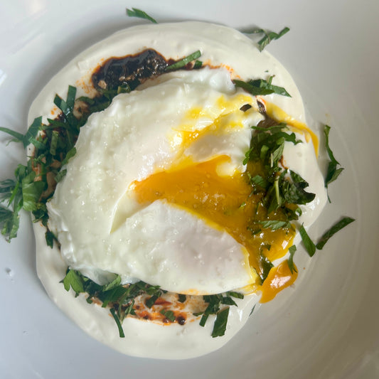 poached egg labne harissa honey fleur de sel