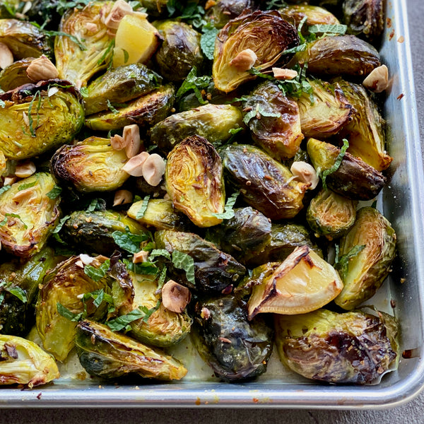 Roasted Brussels Sprouts with Hazelnut and Mint 