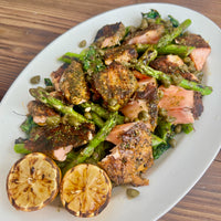 salmon kale asparagus salad with grilled lemon and caper vinaigrette