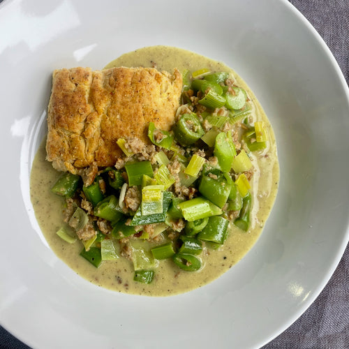Spring Vegetable Biscuits and Gravy