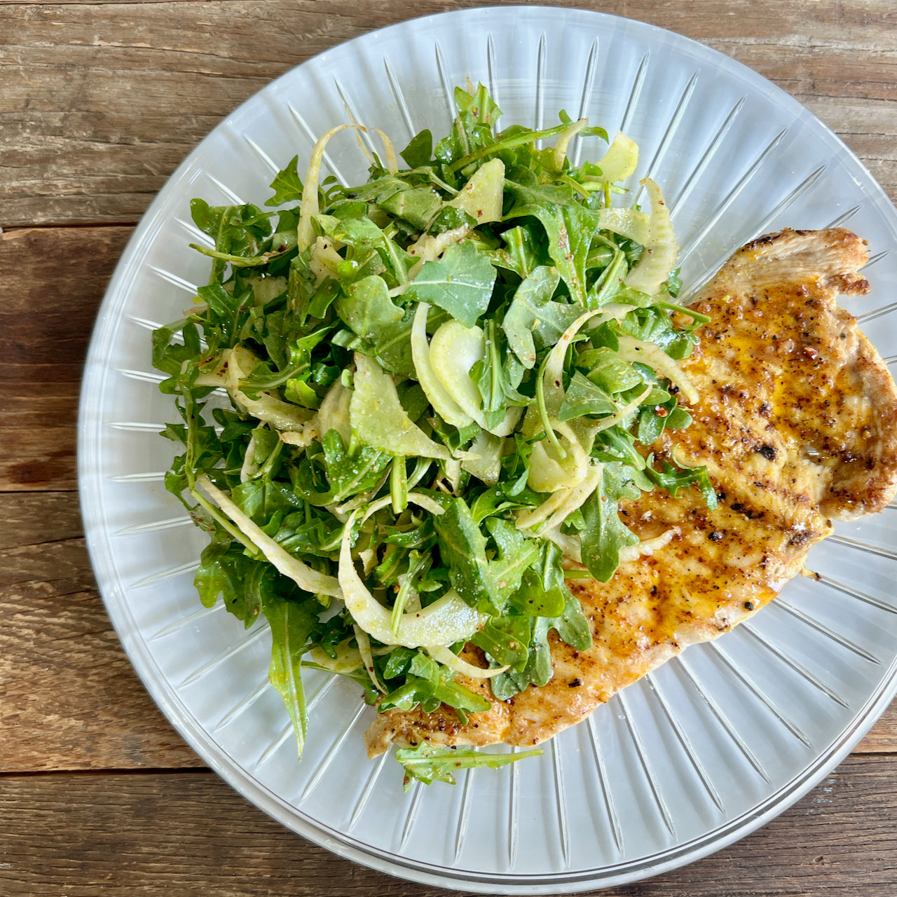 chicken paillard arugula fennel salad rose vinaigrette