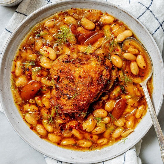 Chicken Thighs with Brothy Beans and Kumquat