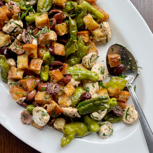 Shishito and Olive Panzanella