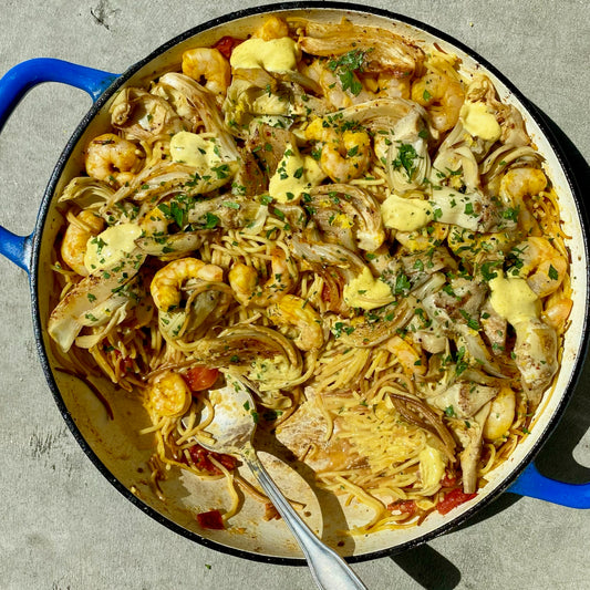 shrimp and vegetable fedeua noodle paella